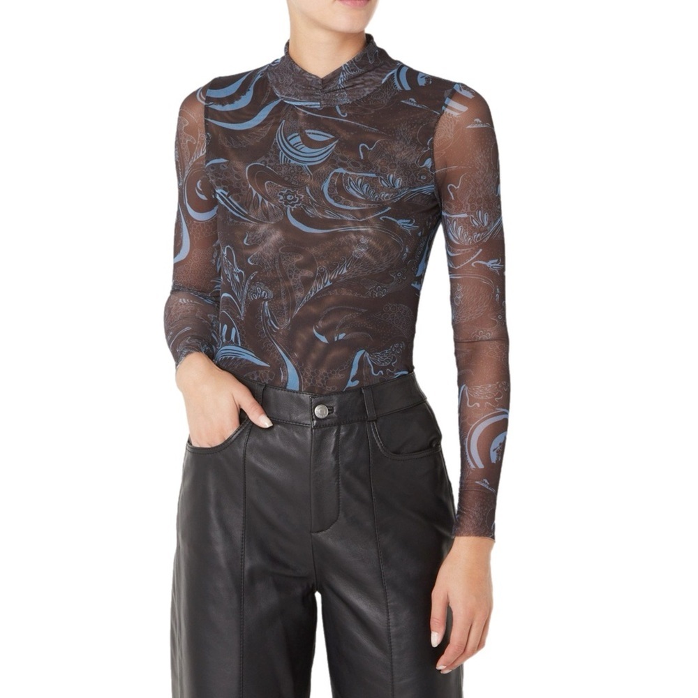 Ted Baker Judine Blue Mesh High Neck Long Sleeve Mock Neck Top XXS